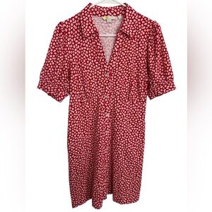 Boden 8P Y2K 90s Vibes Red and White Floral Button-Front 100% Cotton Dress